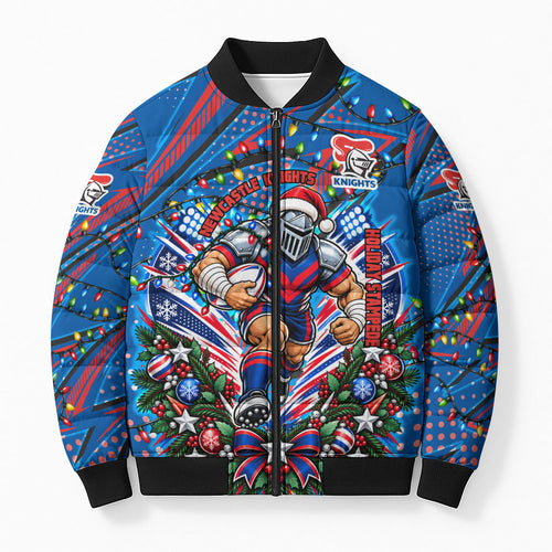Personalized Newcastle Knights Rugby Christmas Bomber Puffer Jacket Holiday Mascot Graphic Art Festive Lights Bow