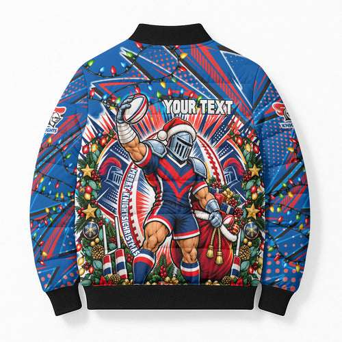 Personalized Newcastle Knights Rugby Christmas Bomber Puffer Jacket Holiday Mascot Graphic Art Festive Lights Bow