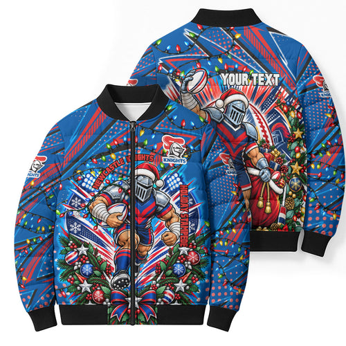 Personalized Newcastle Knights Rugby Christmas Bomber Puffer Jacket Holiday Mascot Graphic Art Festive Lights Bow