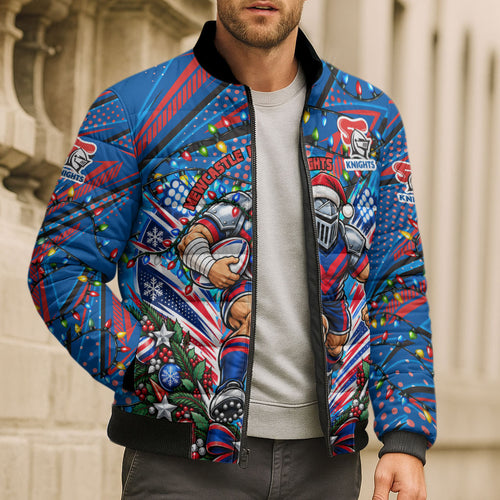 Personalized Newcastle Knights Rugby Christmas Bomber Puffer Jacket Holiday Mascot Graphic Art Festive Lights Bow
