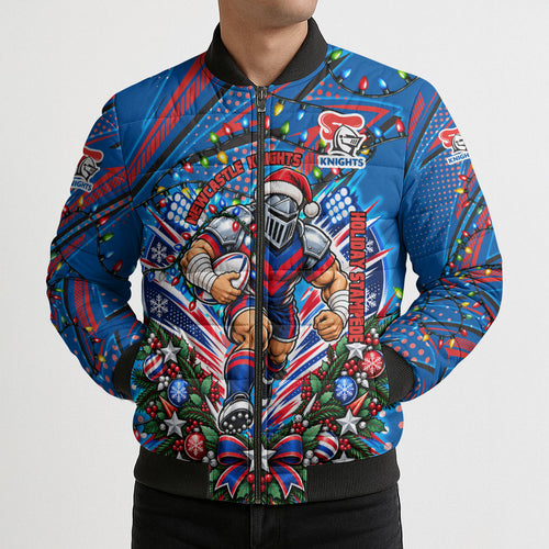 Personalized Newcastle Knights Rugby Christmas Bomber Puffer Jacket Holiday Mascot Graphic Art Festive Lights Bow