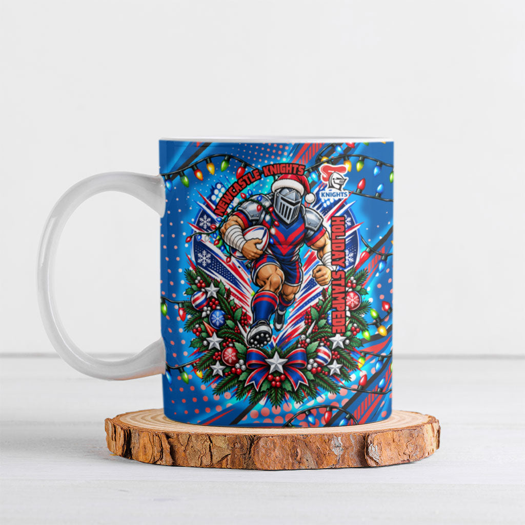 Personalized Newcastle Knights Rugby Christmas Ceramic Mug Holiday Mascot Graphic Art Festive Lights Bow
