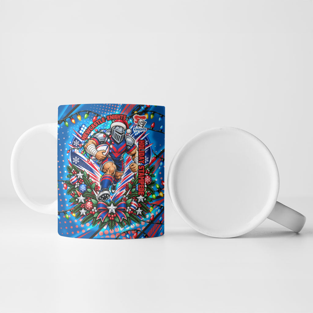 Personalized Newcastle Knights Rugby Christmas Ceramic Mug Holiday Mascot Graphic Art Festive Lights Bow