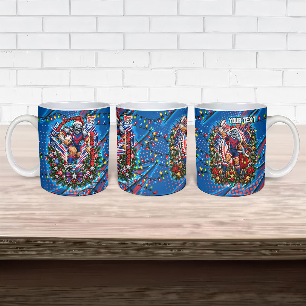 Personalized Newcastle Knights Rugby Christmas Ceramic Mug Holiday Mascot Graphic Art Festive Lights Bow