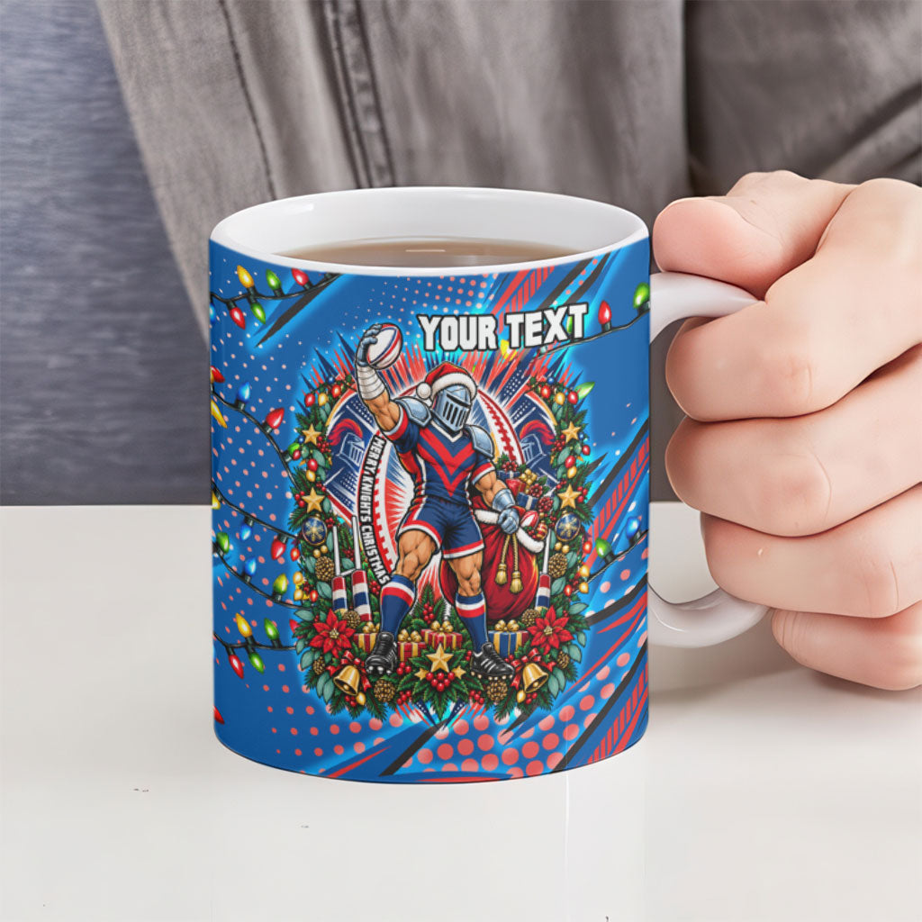 Personalized Newcastle Knights Rugby Christmas Ceramic Mug Holiday Mascot Graphic Art Festive Lights Bow