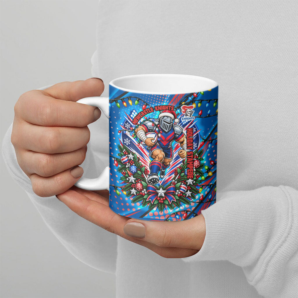 Personalized Newcastle Knights Rugby Christmas Ceramic Mug Holiday Mascot Graphic Art Festive Lights Bow
