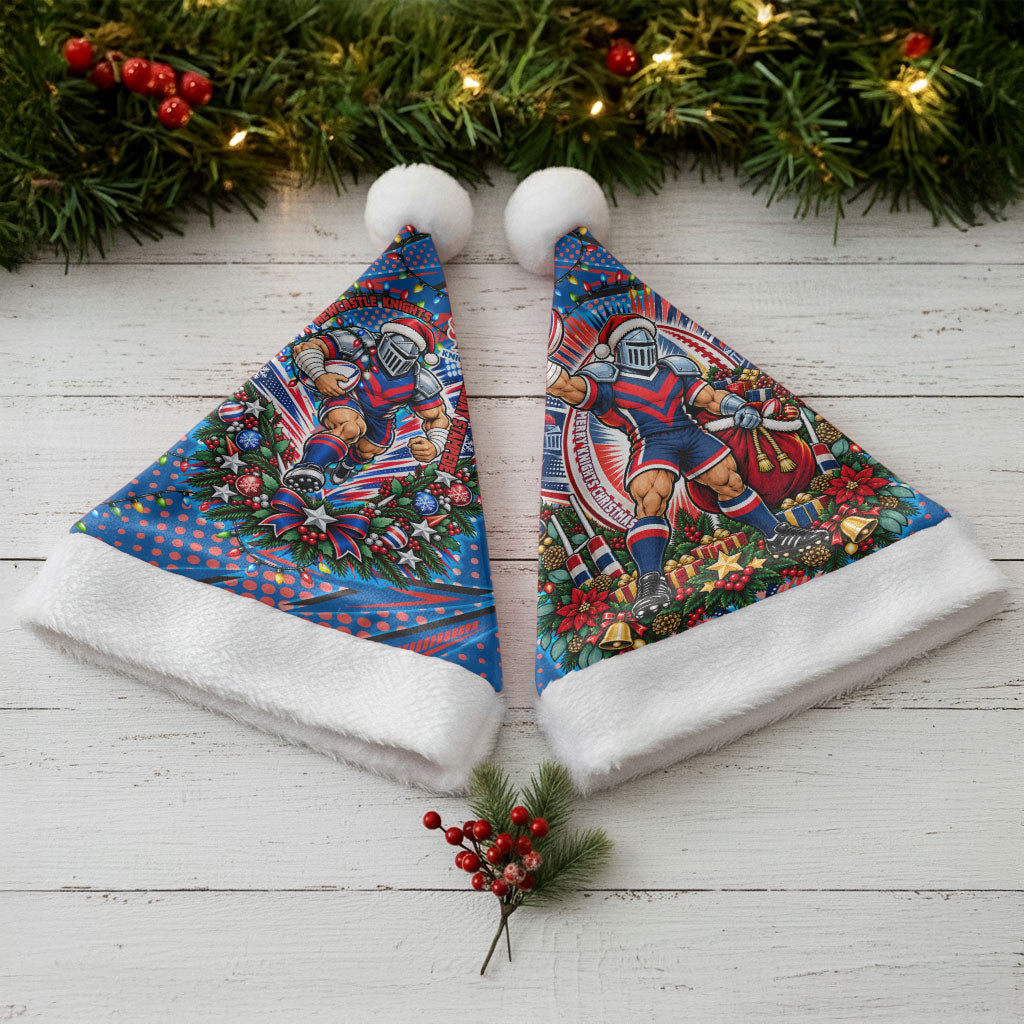 Newcastle Knights Rugby Christmas Santa Hat Holiday Mascot Graphic Art Festive Lights Bow