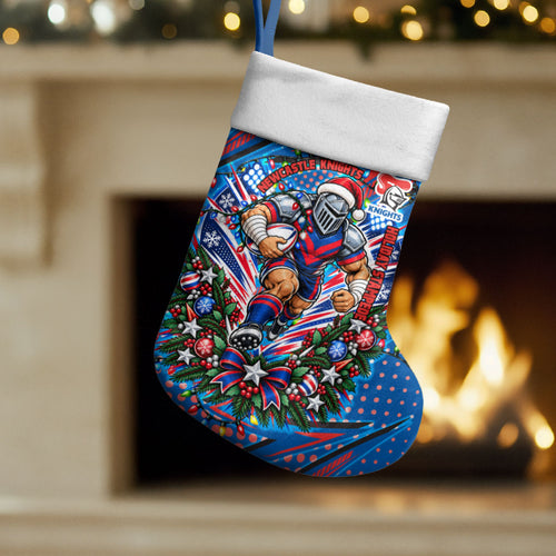 Newcastle Knights Rugby Christmas Stocking Holiday Mascot Graphic Art Festive Lights Bow