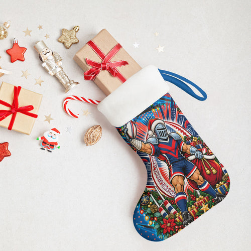 Newcastle Knights Rugby Christmas Stocking Holiday Mascot Graphic Art Festive Lights Bow