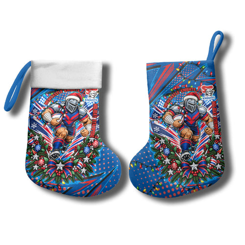 Newcastle Knights Rugby Christmas Stocking Holiday Mascot Graphic Art Festive Lights Bow