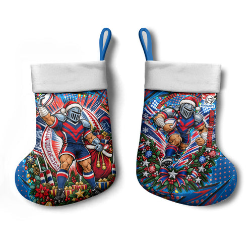 Newcastle Knights Rugby Christmas Stocking Holiday Mascot Graphic Art Festive Lights Bow