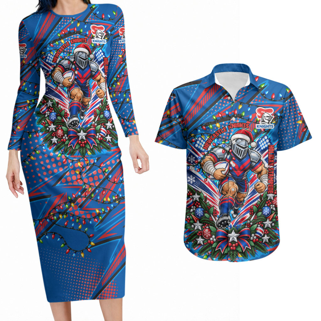 Personalized Newcastle Knights Rugby Christmas Couples Matching Long Sleeve Bodycon Dress and Hawaiian Shirt Holiday Mascot Graphic Art Festive Lights Bow