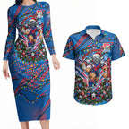 Personalized Newcastle Knights Rugby Christmas Couples Matching Long Sleeve Bodycon Dress and Hawaiian Shirt Holiday Mascot Graphic Art Festive Lights Bow