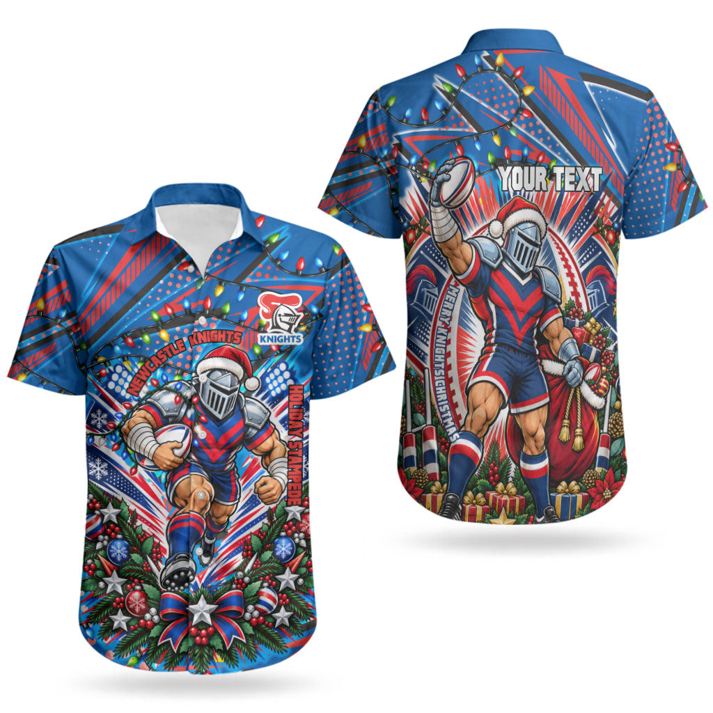 Personalized Newcastle Knights Rugby Christmas Couples Matching Long Sleeve Bodycon Dress and Hawaiian Shirt Holiday Mascot Graphic Art Festive Lights Bow