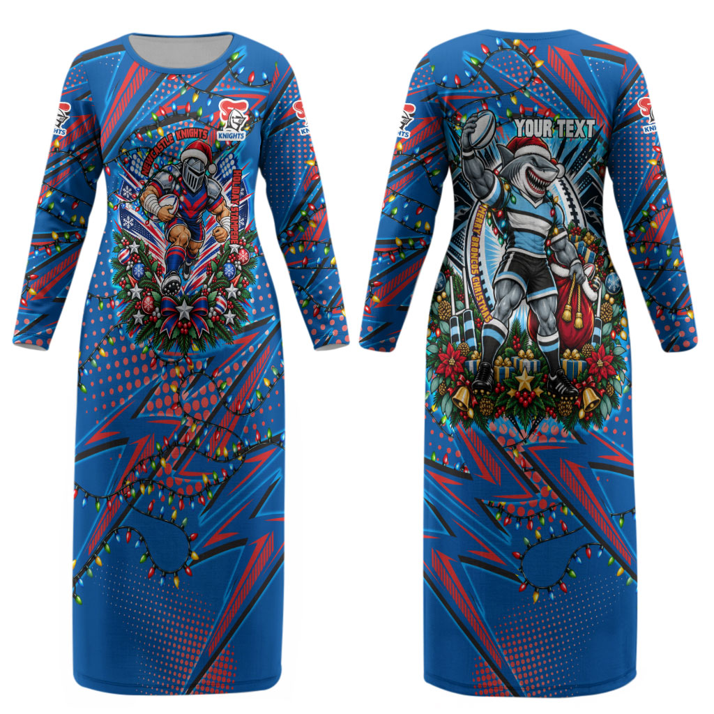 Personalized Newcastle Knights Rugby Christmas Couples Matching Long Sleeve Bodycon Dress and Hawaiian Shirt Holiday Mascot Graphic Art Festive Lights Bow