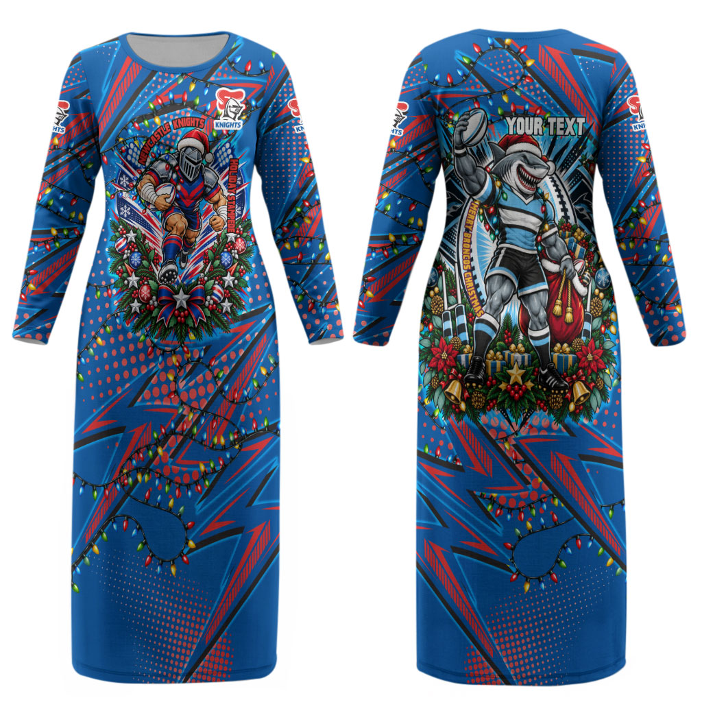 Personalized Newcastle Knights Rugby Christmas Couples Matching Long Sleeve Bodycon Dress and Long Sleeve Button Shirt Holiday Mascot Graphic Art Festive Lights Bow