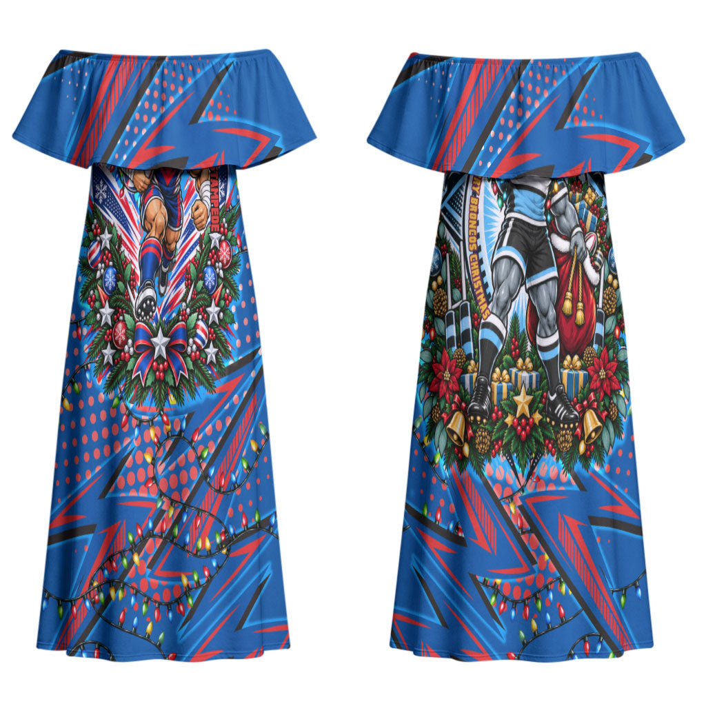 Personalized Newcastle Knights Rugby Christmas Couples Matching Off Shoulder Maxi Dress and Hawaiian Shirt Holiday Mascot Graphic Art Festive Lights Bow