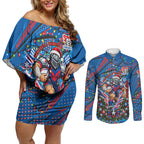 Personalized Newcastle Knights Rugby Christmas Couples Matching Off Shoulder Short Dress and Long Sleeve Button Shirt Holiday Mascot Graphic Art Festive Lights Bow