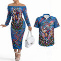 Personalized Newcastle Knights Rugby Christmas Couples Matching Off The Shoulder Long Sleeve Dress and Hawaiian Shirt Holiday Mascot Graphic Art Festive Lights Bow