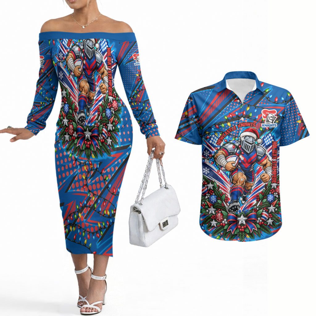 Personalized Newcastle Knights Rugby Christmas Couples Matching Off The Shoulder Long Sleeve Dress and Hawaiian Shirt Holiday Mascot Graphic Art Festive Lights Bow