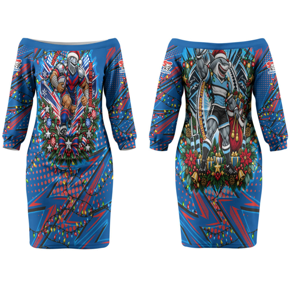 Personalized Newcastle Knights Rugby Christmas Couples Matching Off The Shoulder Long Sleeve Dress and Hawaiian Shirt Holiday Mascot Graphic Art Festive Lights Bow