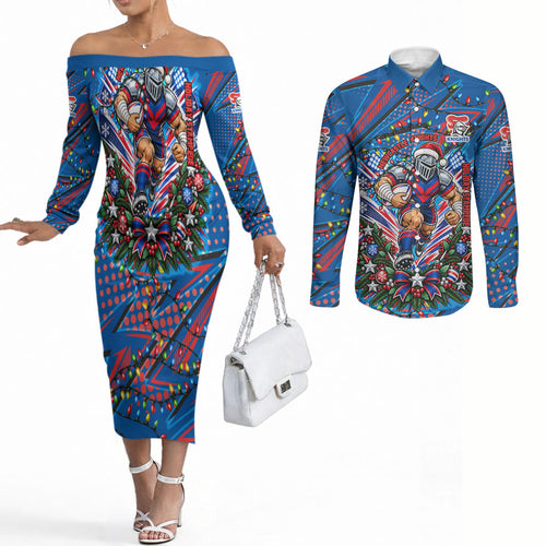 Personalized Newcastle Knights Rugby Christmas Couples Matching Off The Shoulder Long Sleeve Dress and Long Sleeve Button Shirt Holiday Mascot Graphic Art Festive Lights Bow