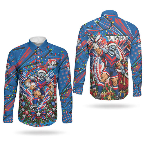 Personalized Newcastle Knights Rugby Christmas Couples Matching Off The Shoulder Long Sleeve Dress and Long Sleeve Button Shirt Holiday Mascot Graphic Art Festive Lights Bow