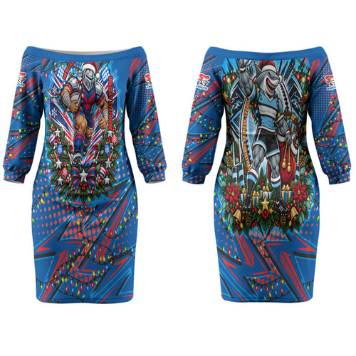 Personalized Newcastle Knights Rugby Christmas Couples Matching Off The Shoulder Long Sleeve Dress and Long Sleeve Button Shirt Holiday Mascot Graphic Art Festive Lights Bow
