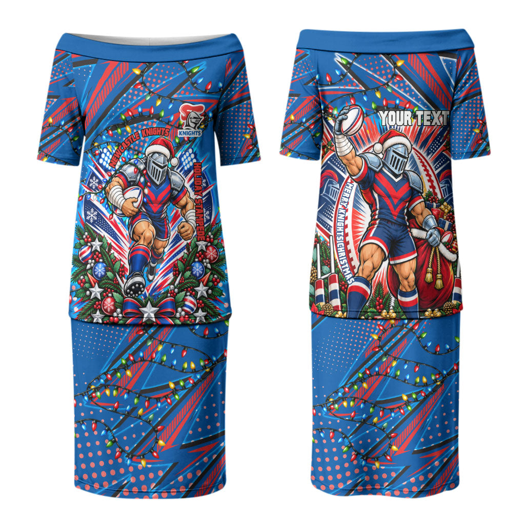 Personalized Newcastle Knights Rugby Christmas Couples Matching Puletasi and Long Sleeve Button Shirt Holiday Mascot Graphic Art Festive Lights Bow