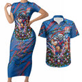 Personalized Newcastle Knights Rugby Christmas Couples Matching Short Sleeve Bodycon Dress and Hawaiian Shirt Holiday Mascot Graphic Art Festive Lights Bow