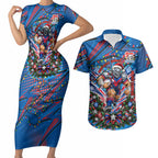 Personalized Newcastle Knights Rugby Christmas Couples Matching Short Sleeve Bodycon Dress and Hawaiian Shirt Holiday Mascot Graphic Art Festive Lights Bow