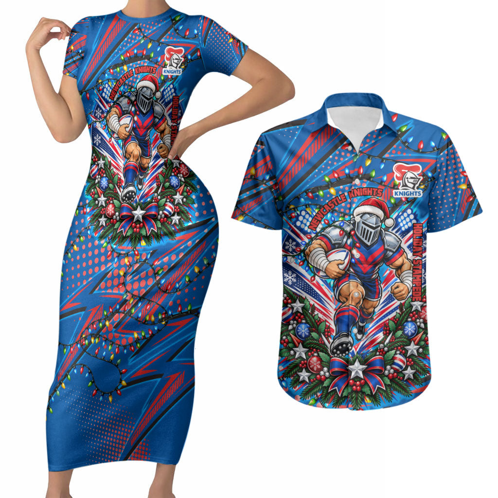 Personalized Newcastle Knights Rugby Christmas Couples Matching Short Sleeve Bodycon Dress and Hawaiian Shirt Holiday Mascot Graphic Art Festive Lights Bow