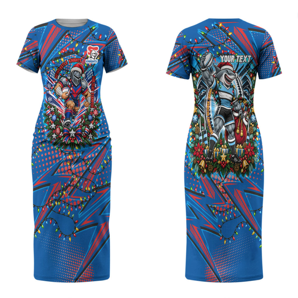 Personalized Newcastle Knights Rugby Christmas Couples Matching Short Sleeve Bodycon Dress and Hawaiian Shirt Holiday Mascot Graphic Art Festive Lights Bow
