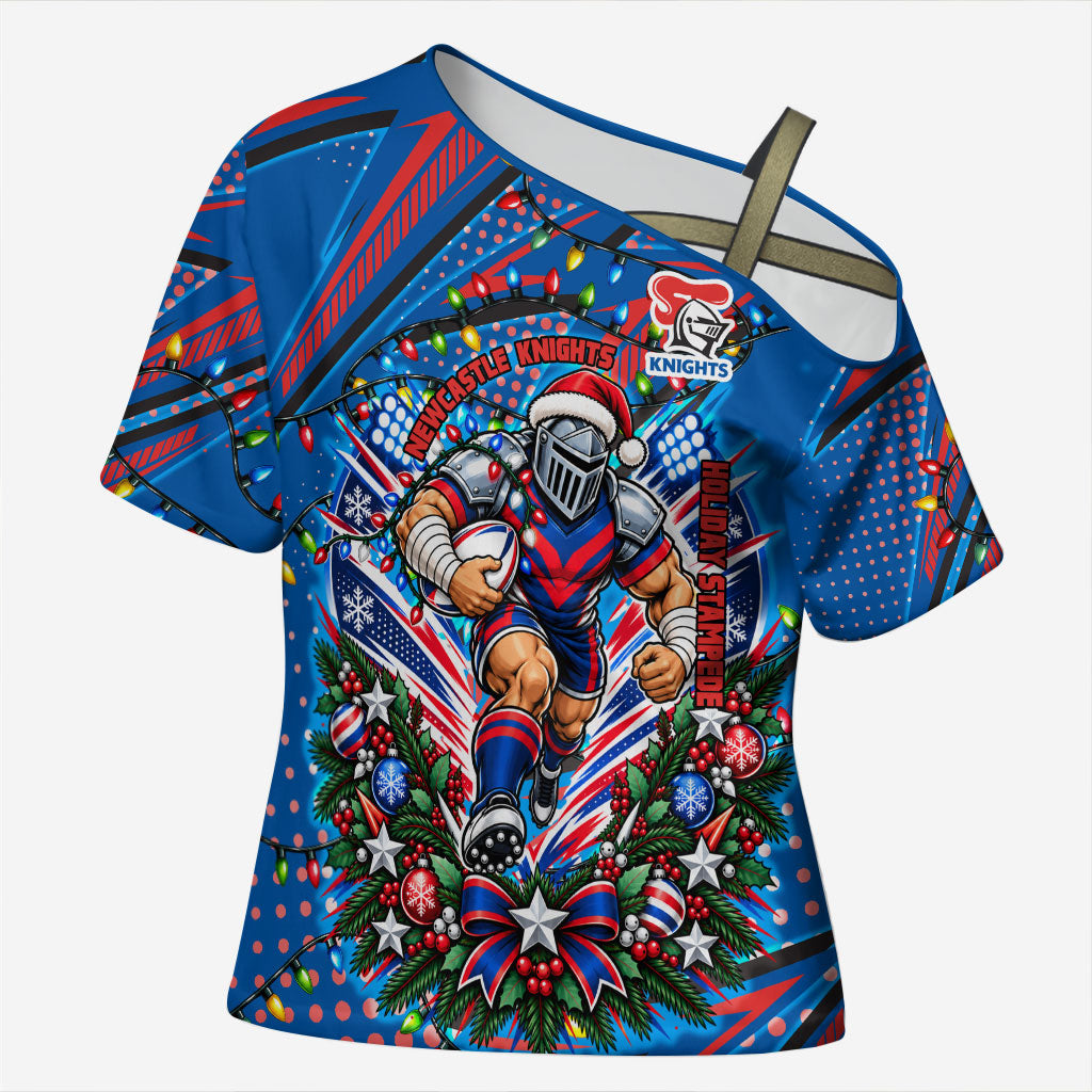 Personalized Newcastle Knights Rugby Christmas Cross Shoulder Shirt Holiday Mascot Graphic Art Festive Lights Bow