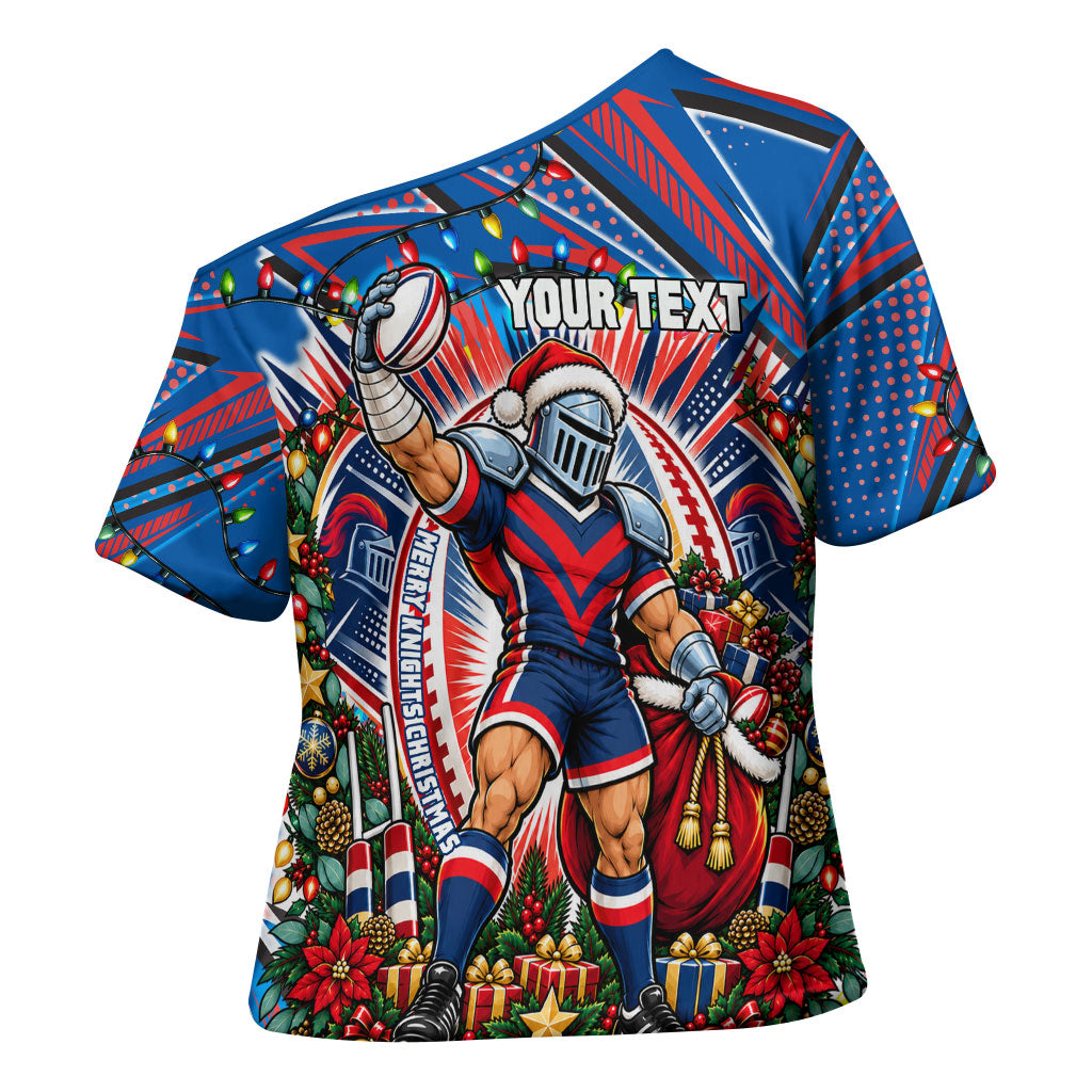 Personalized Newcastle Knights Rugby Christmas Cross Shoulder Shirt Holiday Mascot Graphic Art Festive Lights Bow