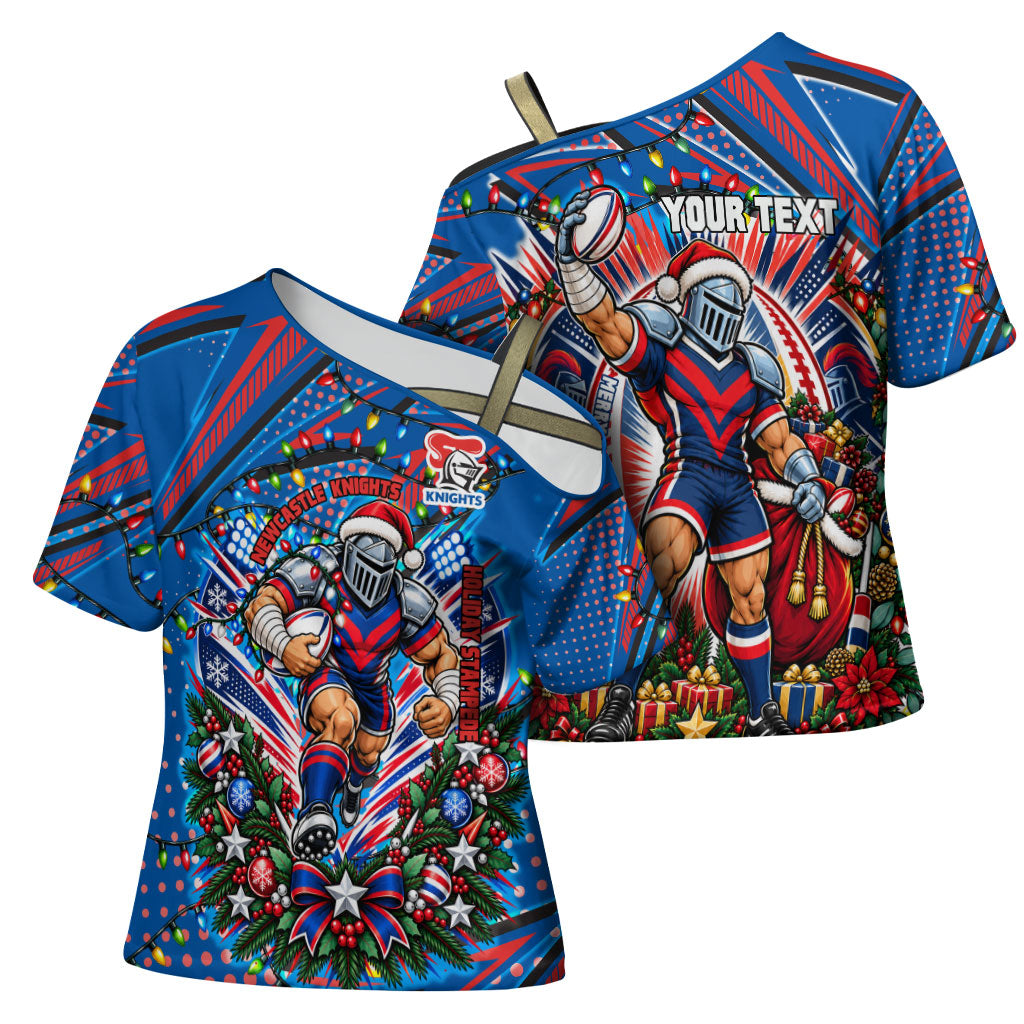 Personalized Newcastle Knights Rugby Christmas Cross Shoulder Shirt Holiday Mascot Graphic Art Festive Lights Bow