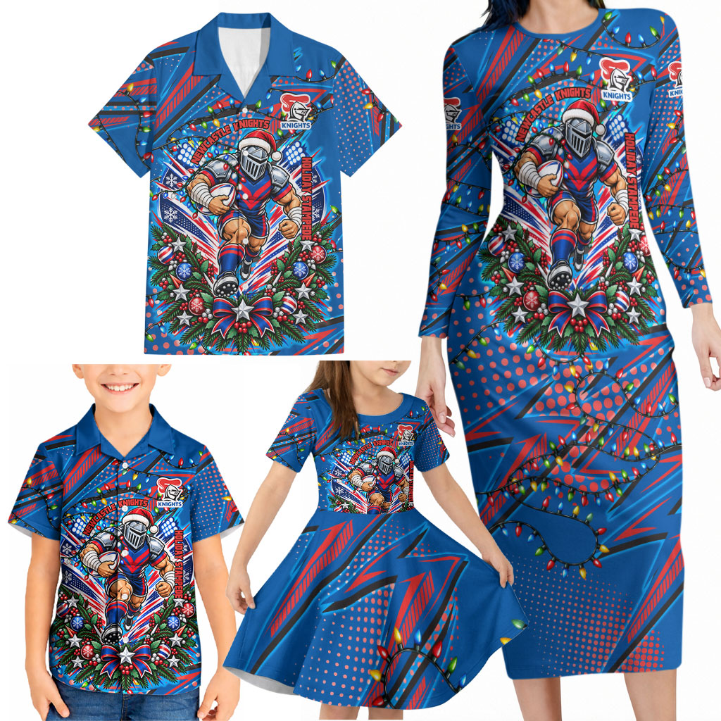 Personalized Newcastle Knights Rugby Christmas Family Matching Long Sleeve Bodycon Dress and Hawaiian Shirt Holiday Mascot Graphic Art Festive Lights Bow