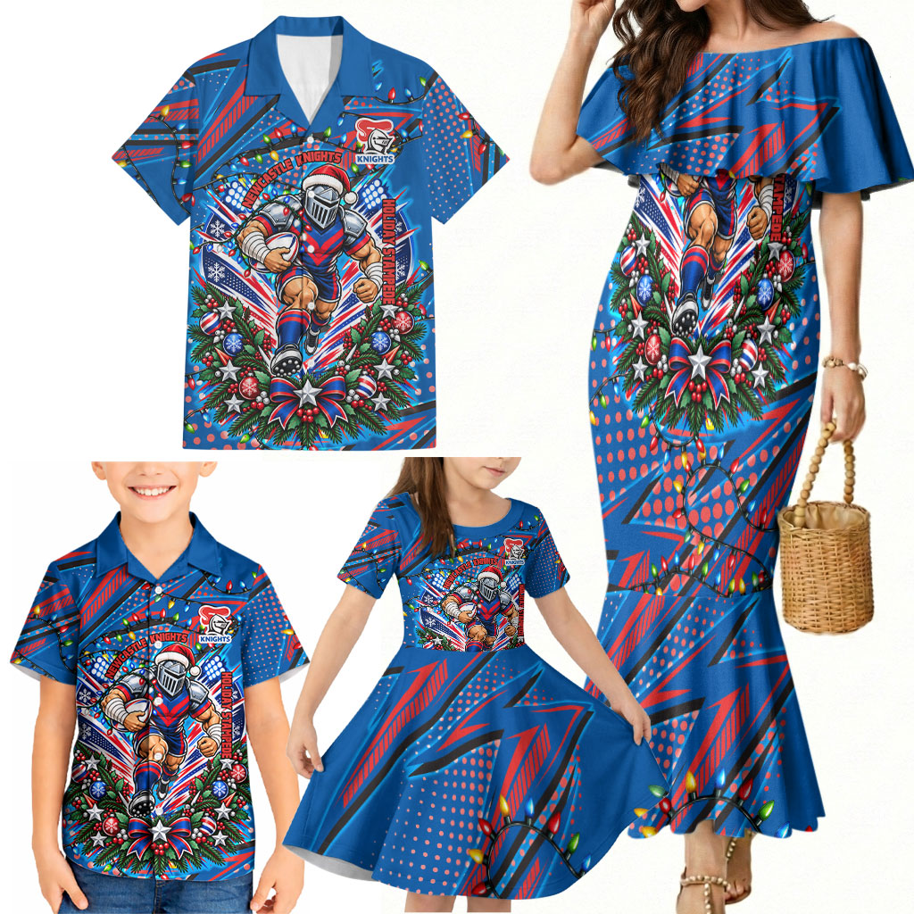 Personalized Newcastle Knights Rugby Christmas Family Matching Mermaid Dress and Hawaiian Shirt Holiday Mascot Graphic Art Festive Lights Bow