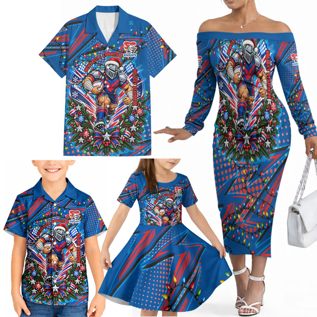Personalized Newcastle Knights Rugby Christmas Family Matching Off The Shoulder Long Sleeve Dress and Hawaiian Shirt Holiday Mascot Graphic Art Festive Lights Bow