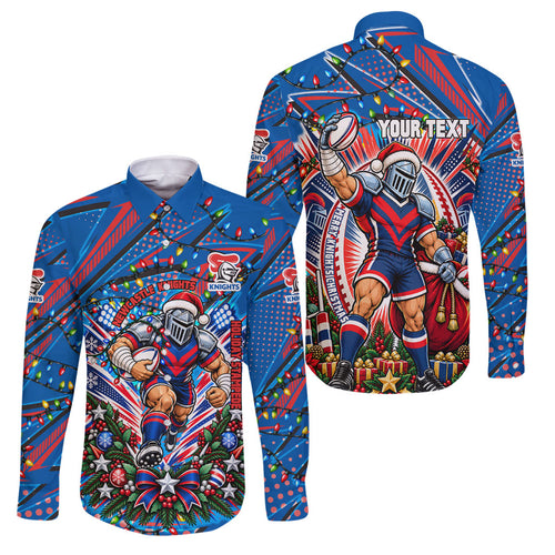 Personalized Newcastle Knights Rugby Christmas Family Matching Off The Shoulder Long Sleeve Dress and Hawaiian Shirt Holiday Mascot Graphic Art Festive Lights Bow