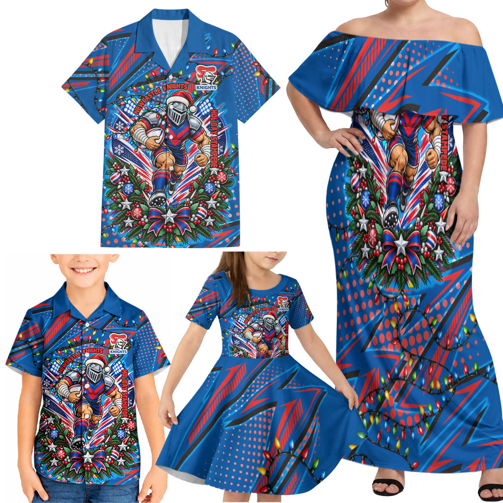 Personalized Newcastle Knights Rugby Christmas Family Matching Off Shoulder Maxi Dress and Hawaiian Shirt Holiday Mascot Graphic Art Festive Lights Bow