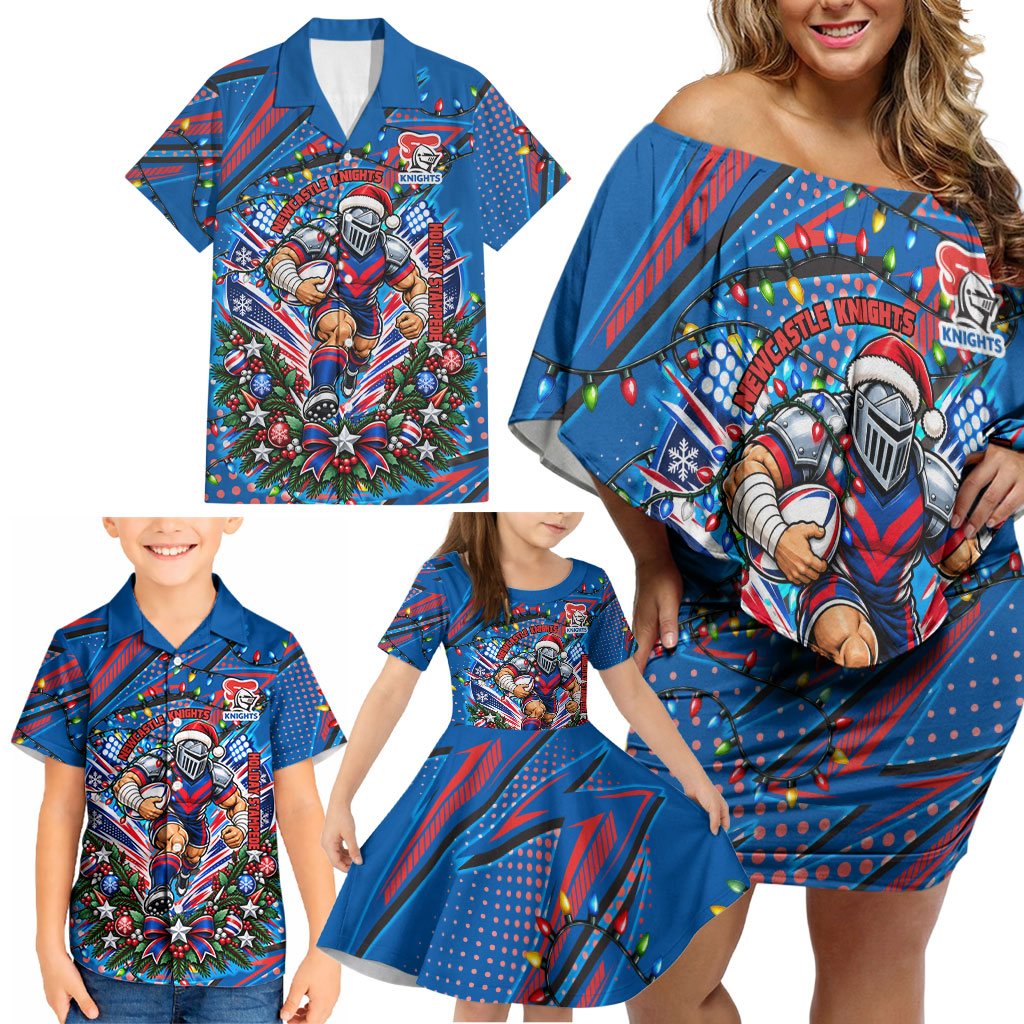 Personalized Newcastle Knights Rugby Christmas Family Matching Off Shoulder Short Dress and Hawaiian Shirt Holiday Mascot Graphic Art Festive Lights Bow
