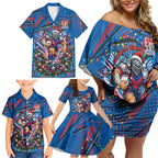 Personalized Newcastle Knights Rugby Christmas Family Matching Off Shoulder Short Dress and Hawaiian Shirt Holiday Mascot Graphic Art Festive Lights Bow