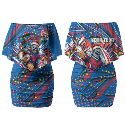 Personalized Newcastle Knights Rugby Christmas Family Matching Off Shoulder Short Dress and Hawaiian Shirt Holiday Mascot Graphic Art Festive Lights Bow