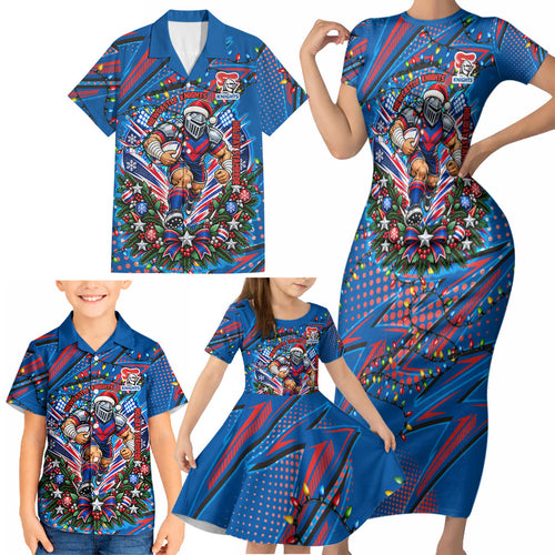 Personalized Newcastle Knights Rugby Christmas Family Matching Short Sleeve Bodycon Dress and Hawaiian Shirt Holiday Mascot Graphic Art Festive Lights Bow