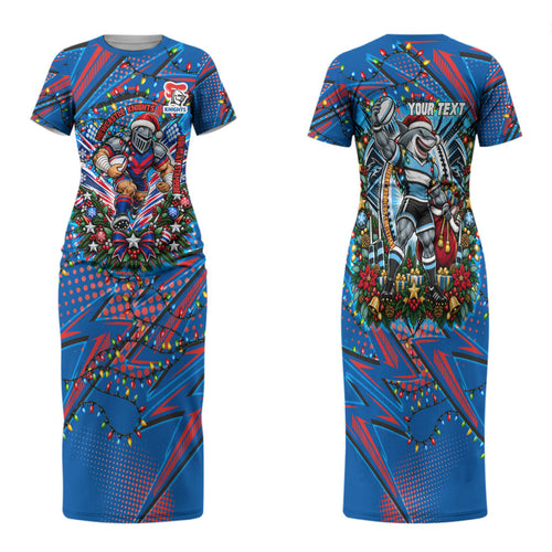 Personalized Newcastle Knights Rugby Christmas Family Matching Short Sleeve Bodycon Dress and Hawaiian Shirt Holiday Mascot Graphic Art Festive Lights Bow