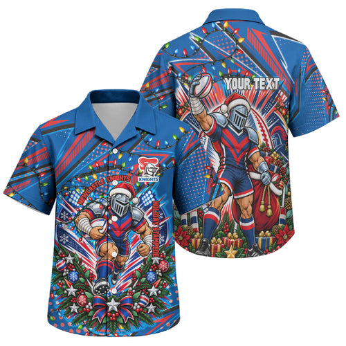 Personalized Newcastle Knights Rugby Christmas Family Matching Short Sleeve Bodycon Dress and Hawaiian Shirt Holiday Mascot Graphic Art Festive Lights Bow