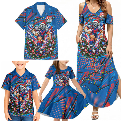 Personalized Newcastle Knights Rugby Christmas Family Matching Summer Maxi Dress and Hawaiian Shirt Holiday Mascot Graphic Art Festive Lights Bow