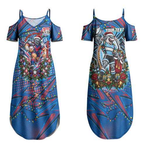 Personalized Newcastle Knights Rugby Christmas Family Matching Summer Maxi Dress and Hawaiian Shirt Holiday Mascot Graphic Art Festive Lights Bow