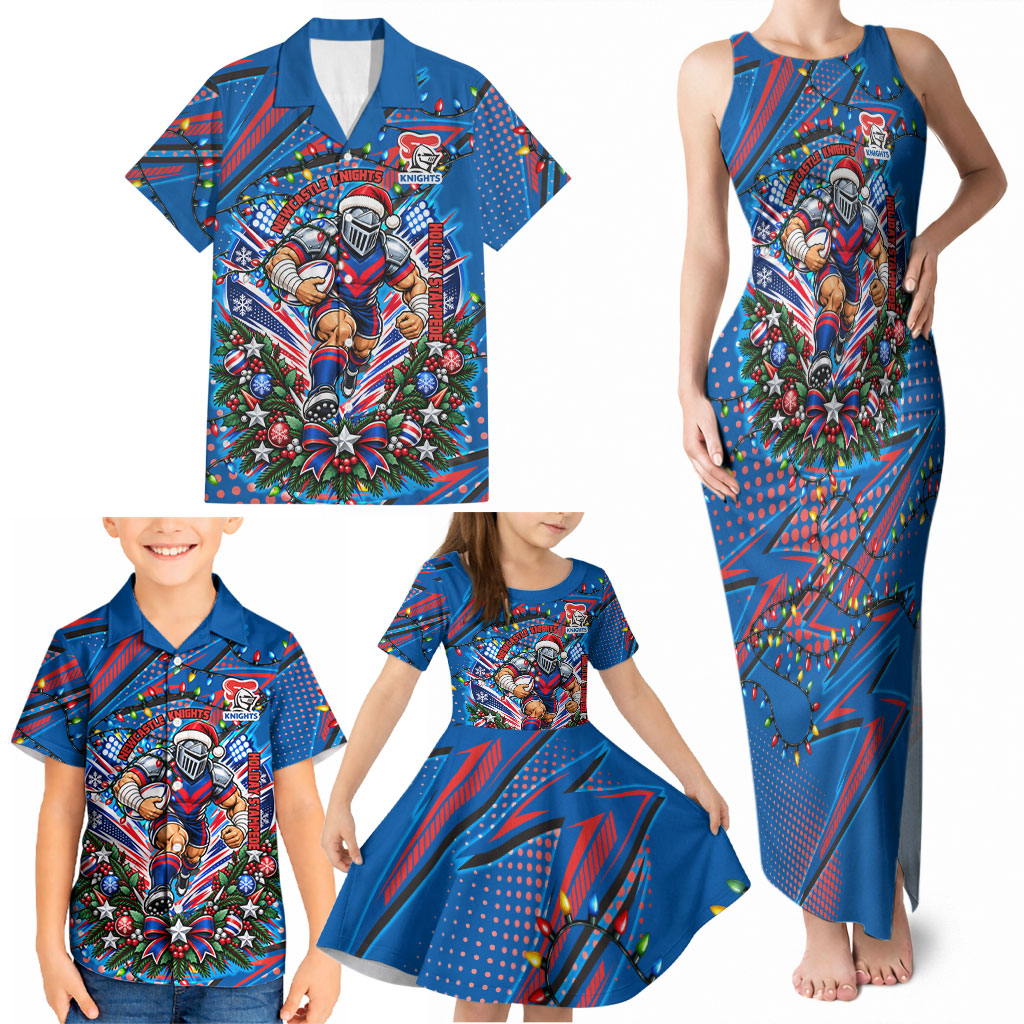 Personalized Newcastle Knights Rugby Christmas Family Matching Tank Maxi Dress and Hawaiian Shirt Holiday Mascot Graphic Art Festive Lights Bow